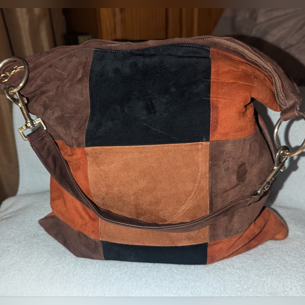 Frenchy of California suede patchwork hobo bag.